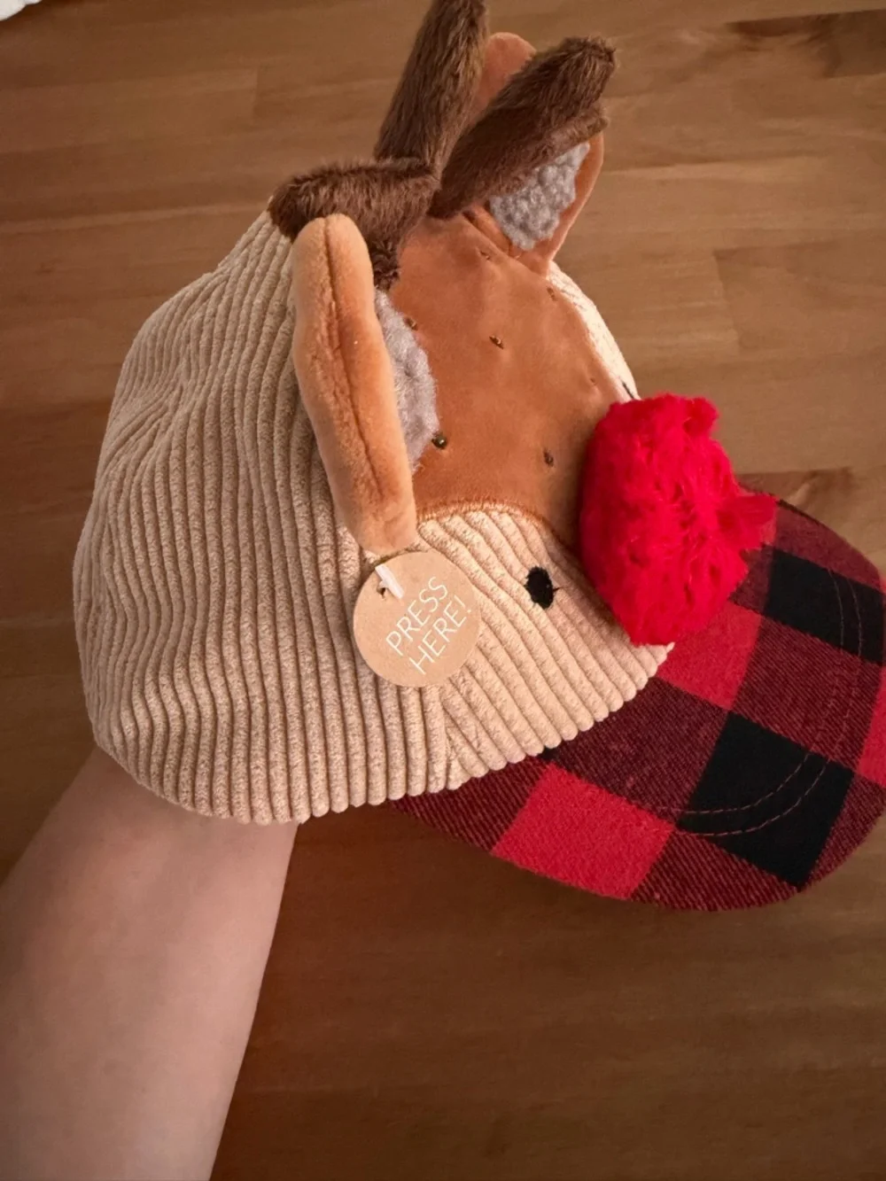 Mud Pie Tan & Red Reindeer Cap with Buffalo Plaid Brim Unisex 3T-5T